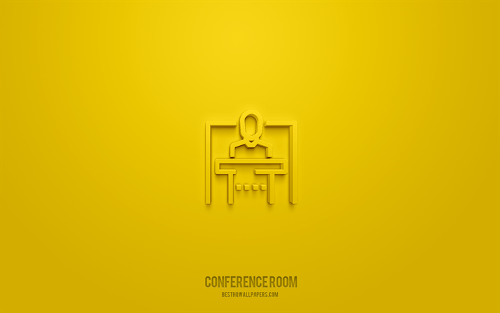 icono 3d de la sala de conferencias, fondo amarillo, s&#237;mbolos 3d, sala de conferencias, iconos de negocios, iconos 3d, signo de la sala de conferencias, iconos 3d de negocios