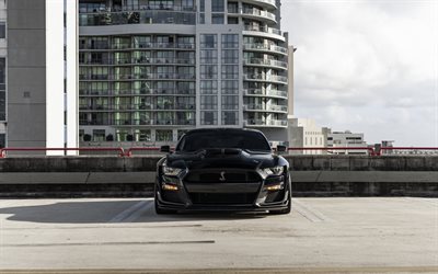 4k, Ford Mustang Shelby, front view, exterior, Shelby logo, black Ford Mustang, Mustang tuning, american sports cars, Ford