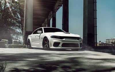2022, Dodge Charger SRT Hellcat, 4k, front view, exterior, white sedan, new white Dodge Charger, Charger SRT tuning, american cars, Dodge