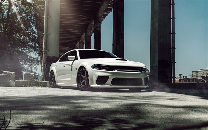 2022, dodge charger srt hellcat, 4k, vista de frente, exterior, sed&#225;n blanco, blanco nuevo dodge charger, charger srt tuning, coches americanos, dodge