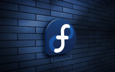 Fedora 3D logo, 4K, gray brickwall, creative, Linux, Fedora logo, 3D art, Fedora