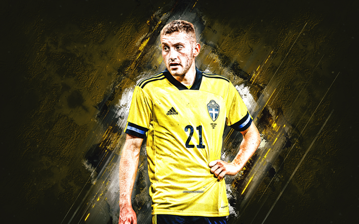 dejan kulusevski, svezia, nazionale di calcio, calciatore svedese, centrocampista, ritratto, pietra gialla sullo sfondo, calcio