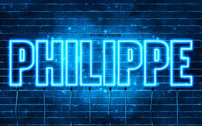 Happy Birthday Philippe, 4k, blue neon lights, Philippe name, creative, Philippe Happy Birthday, Philippe Birthday, popular french male names, picture with Philippe name, Philippe