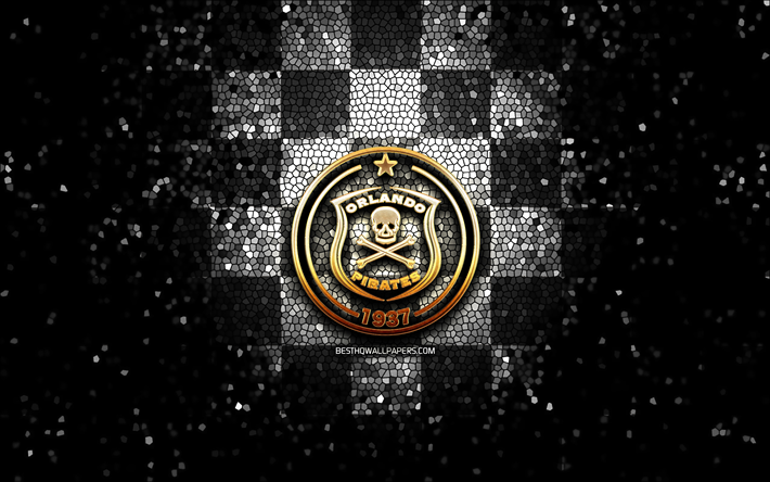 orlando pirates fc, parıltılı logo, premier futbol ligi, siyah beyaz damalı arka plan, futbol, ​​g&#252;ney afrika futbol kul&#252;b&#252;, orlando pirates logo, mozaik sanatı, psl