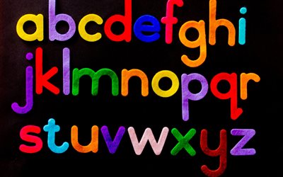 4k, alfabeto colorato, lettere colorate, alfabeto inglese, sfondo nero, lettere dell alfabeto inglese, apprendimento dell alfabeto