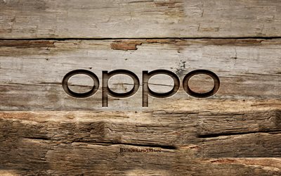 Oppo wooden logo, 4K, wooden backgrounds, brands, Oppo logo, creative, wood carving, Oppo