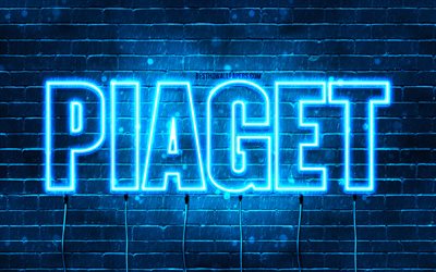 Happy Birthday Piaget, 4k, blue neon lights, Piaget name, creative, Piaget Happy Birthday, Piaget Birthday, popular french male names, picture with Piaget name, Piaget