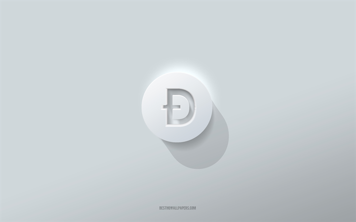 dogecoin-logotyp, vit bakgrund, dogecoin 3d-logotyp, 3d-konst, dogecoin, 3d dogecoin-emblem, kreativ konst, dogecoin-emblem
