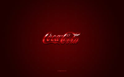 Coca-Cola logo, red shiny logo, Coca-Cola metal emblem, red carbon fiber texture, Coca-Cola, brands, creative art, Coca-Cola emblem