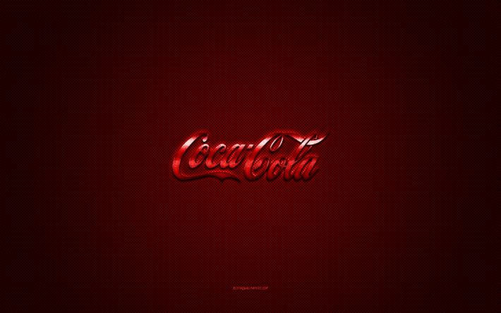 coca-cola-logo, rot gl&#228;nzendes logo, coca-cola-metallemblem, rote kohlefaserstruktur, coca-cola, marken, kreative kunst, coca-cola-emblem
