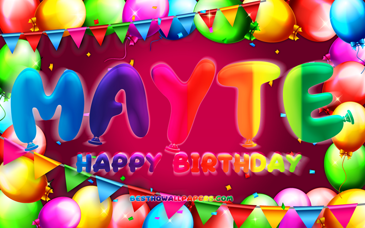 お誕生日おめでとうメイテ, chk, カラフルなバルーンフレーム, マヤの名前, 紫の背景, マイテお誕生日おめでとう, マイテの誕生日, 人気のメキシコの女性の名前, 誕生日のコンセプト, マイテ