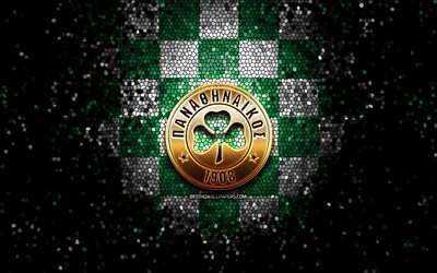 panathinaikos fc, logo scintillant, super league gr&#232;ce, fond vert &#224; carreaux blancs, football, club de football grec, logo panathinaikos, art de la mosa&#239;que, panathinaikos