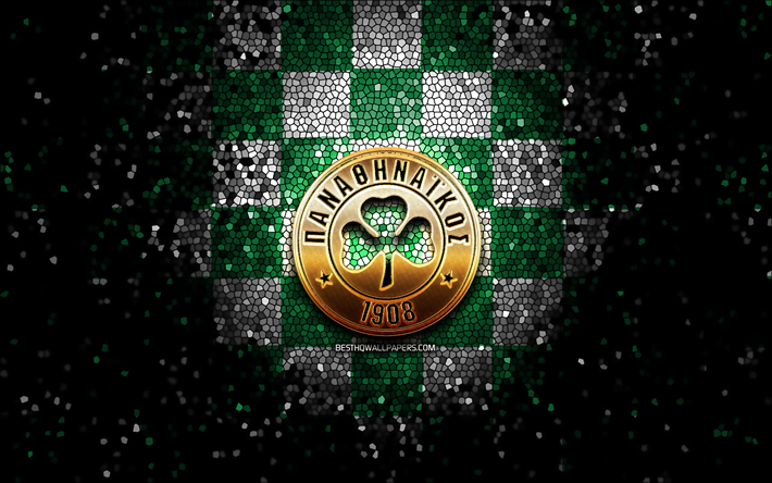 o panathinaikos fc, glitter logotipo, super league gr&#233;cia, verde branco de fundo quadriculado, futebol, grego futebol clube, panathinaikos logo, arte em mosaico, panathinaikos