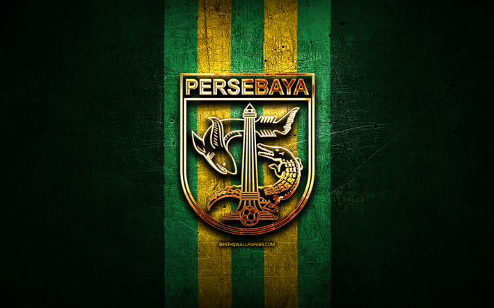 persebaya fc, logo dorato, indonesia liga 1, sfondo di metallo verde, calcio, squadra di calcio indonesiana, persebaya surabaya logo, persebaya surabaya