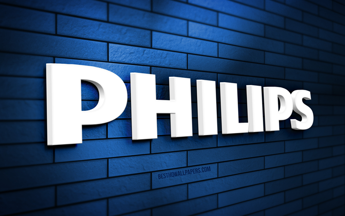 philips 3d-logotyp, 4k, bl&#229; tegelv&#228;gg, kreativ, varum&#228;rken, philips-logotyp, 3d-konst, philips