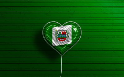 I Love Queimados, 4k, realistic balloons, green wooden background, Day of Queimados, brazilian cities, flag of Queimados, Brazil, balloon with flag, cities of Brazil, Queimados flag, Queimados