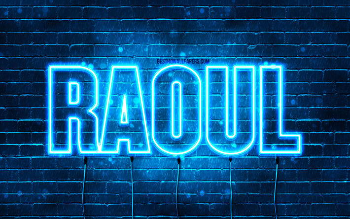 buon compleanno raoul, 4k, luci al neon blu, nome raoul, creativo, raoul buon compleanno, raoul compleanno, nomi maschili francesi popolari, foto con nome raoul, raoul