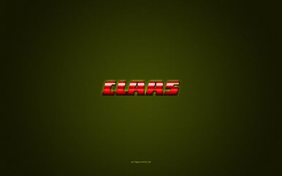 Claas logo, red shiny logo, Claas metal emblem, green carbon fiber texture, Claas, brands, creative art, Claas emblem