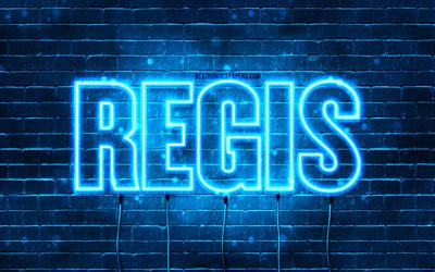 Happy Birthday Regis, 4k, blue neon lights, Regis name, creative, Regis Happy Birthday, Regis Birthday, popular french male names, picture with Regis name, Regis