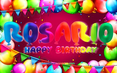Happy Birthday Rosario, 4k, colorful balloon frame, Rosario name, purple background, Rosario Happy Birthday, Rosario Birthday, popular mexican female names, Birthday concept, Rosario