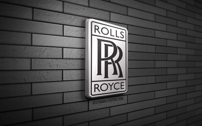logo rolls-royce 3d, 4k, muro di mattoni grigi, creativit&#224;, marchi automobilistici, logo rolls-royce, logo in metallo rolls-royce, arte 3d, rolls-royce