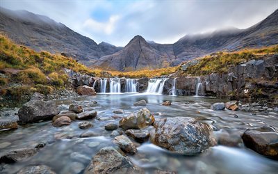 chk, 山の湖, 滝, 山川, 曇天, 石, 美しい滝, アイスランド