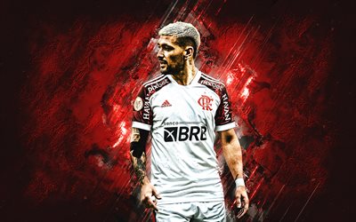 Giorgian De Arrascaeta, Flamengo, Uruguayan football player, attacking midfielder, red stone background, football, Serie A, Brazil