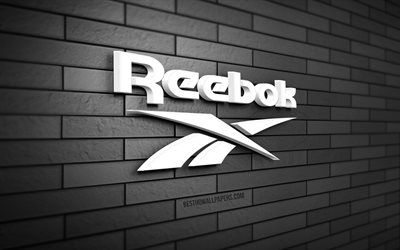 logotipo de reebok en 3d, 4k, pared de ladrillo gris, creativo, marcas, logotipo de reebok, arte 3d, reebok