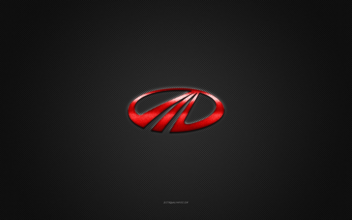 logo mahindra, logo rouge brillant, embl&#232;me en m&#233;tal mahindra, texture en fibre de carbone grise, mahindra, marques, art cr&#233;atif, embl&#232;me mahindra