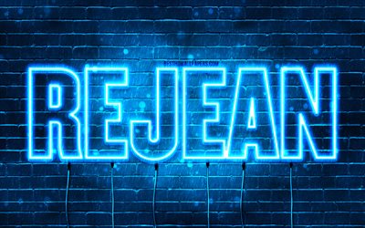 Happy Birthday Rejean, 4k, blue neon lights, Rejean name, creative, Rejean Happy Birthday, Rejean Birthday, popular french male names, picture with Rejean name, Rejean