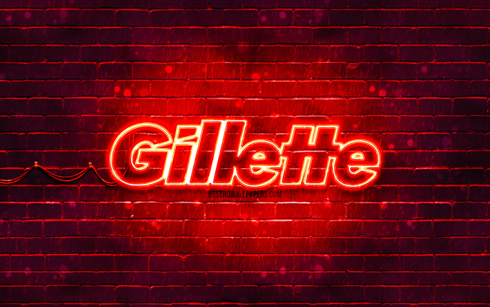 rotes gillette-logo, 4k, rote ziegelwand, gillette-logo, marken, gillette-neon-logo, gillette