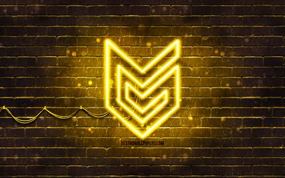 logo giallo di guerrilla games, 4k, muro di mattoni giallo, logo di guerrilla games, marchi, logo al neon di guerrilla games, guerrilla games