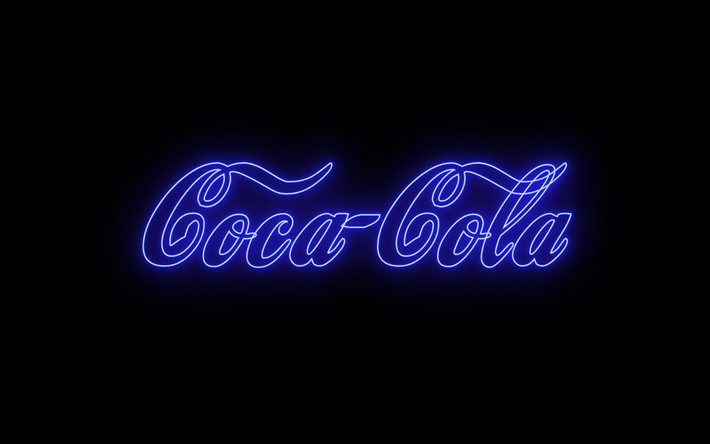 coca-cola bl&#229; neon logotyp, svart bakgrund, bl&#229; neonkonst, coca-cola logotyp, coca-cola emblem, coca-cola