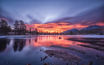 4k, Sprague Lake, sunset, evening, mountain lake, winter, mountains, Rocky Mountain National Park, mountain landscape, Colorado, USA