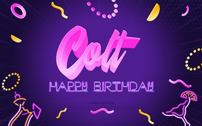 Happy Birthday Colt, 4k, Purple Party Background, Colt, creative art, Happy Colt birthday, Colt name, Colt Birthday, Birthday Party Background