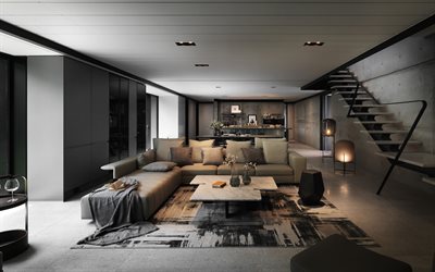design elegante del soggiorno, stile loft, pareti grigie, soggiorno in stile loft, pareti in cemento, design interno grigio elegante, soggiorno