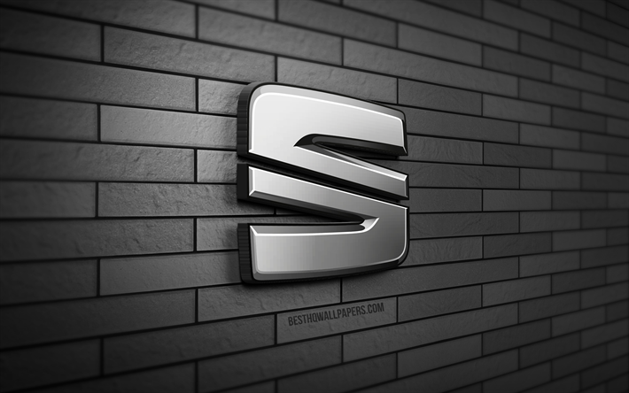 logo seat 3d, 4k, muro di mattoni grigio, creativo, marchi di automobili, logo seat, logo seat in metallo, arte 3d, seat