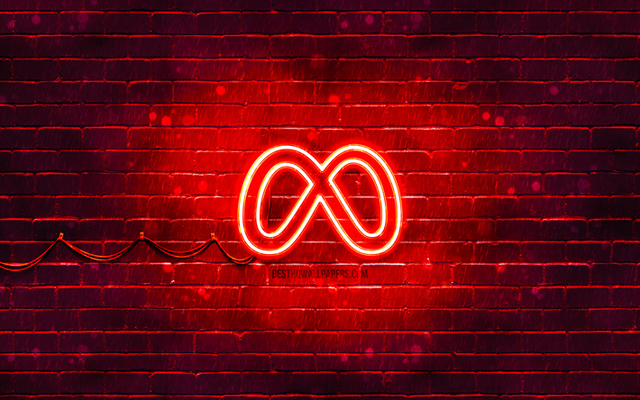 meta-rotes logo, 4k, rote ziegelwand, meta-logo, roter abstrakter hintergrund, marken, meta-neon-logo, meta