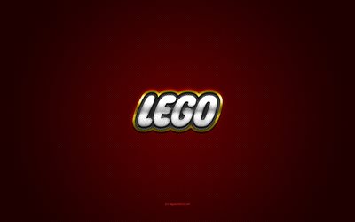 LEGO logo, yellow shiny logo, LEGO metal emblem, red carbon fiber texture, LEGO, brands, creative art, LEGO emblem