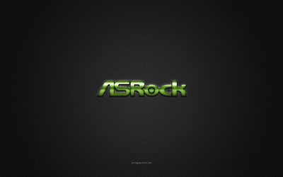 asrock logosu, yeşil parlak logo, asrock metal amblemi, gri karbon fiber doku, asrock, markalar, yaratıcı sanat, asrock amblemi