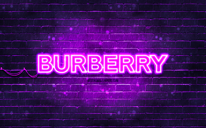 burberry violetti logo, 4k, violetti tiilisein&#228;, burberry logo, tuotemerkit, burberry neon logo, burberry