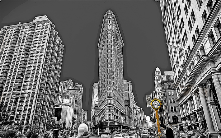 Flatiron Building, New York City, 4k, vector art, Flatiron Building drawing, creative art, Flatiron Building art, vector drawing, abstract cityscapes, New York, USA