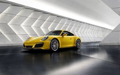 Porsche 911 Carrera, 2017, Jaune, Porsche coup&#233; sport, voitures de sport, Porsche