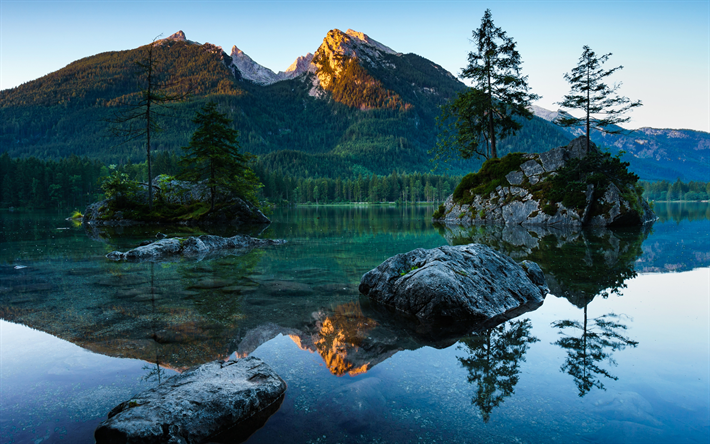 Berchtesgaden, lago, montanhas, p&#244;r do sol, Baviera, Alemanha