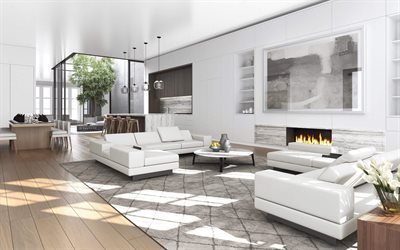 Interior of living room, modern design, white interior, living room
