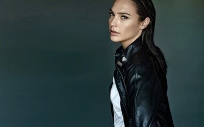 Gal Gadot, Israeli actress, portrait, beautiful young woman, black leather jacket