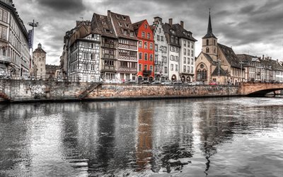 Estrasburgo, rio Il, noite, rio, Fran&#231;a, casas antigas