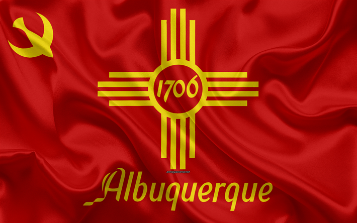 Lipun Albuquerque, 4k, silkki tekstuuri, Amerikkalainen kaupunki, punainen silkki lippu, Albuquerque lippu, USA, art, Yhdysvallat