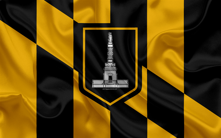 Bandera de Baltimore, 4k, de seda, de la textura, de la ciudad estadounidense, naranja negro bandera de seda, Baltimore bandera, estados UNIDOS, el arte, los Estados unidos de Am&#233;rica, de Baltimore