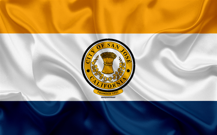 Flaggan i San Jose, 4k, siden konsistens, amerikansk stad, orange-bl&#229; vit silk flag, San Jose flagga, Kalifornien, USA, konst, F&#246;renta Staterna, San Jose